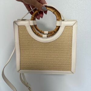 Like dream bamboo handle cross body strap handbag white and beige leather